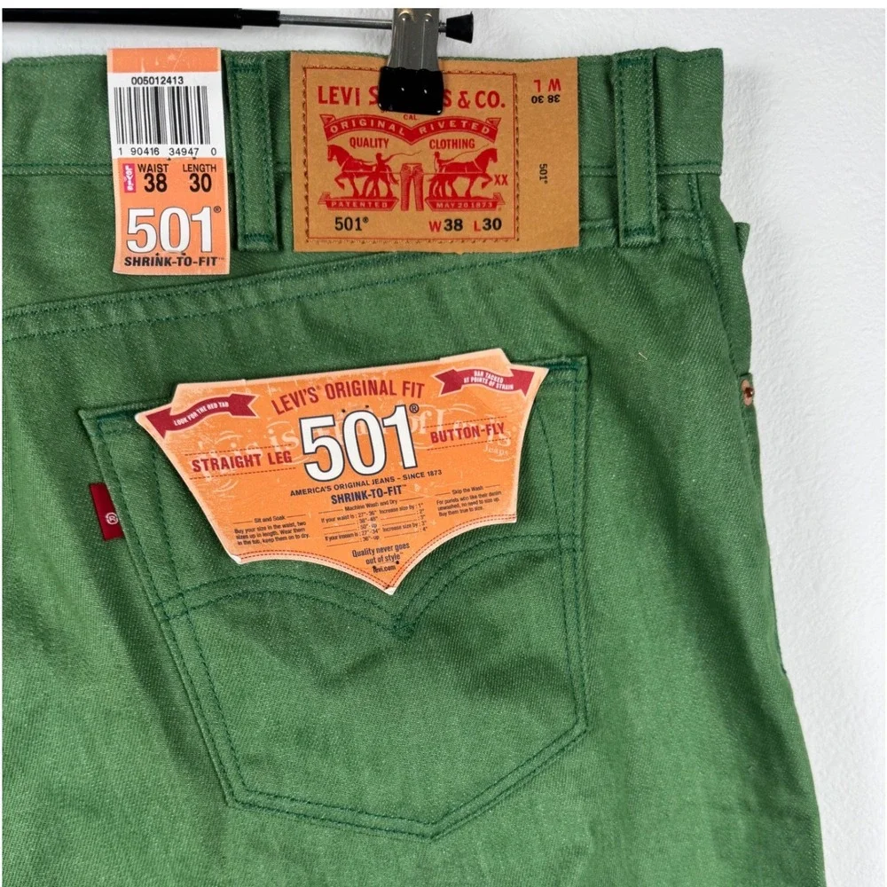 Levi's 501 Jeans Men 38x30 Green New Raw Shrink-To-Fit Straight Leg Casual